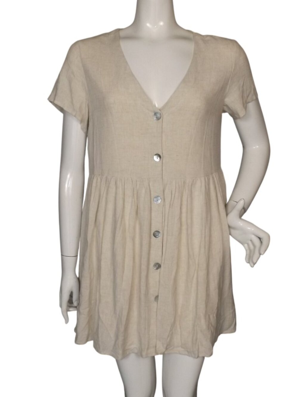 PETAL & PUP Mini Dress, 8, Linen blend, Pockets, Short sleeve, V-neck, Short Tan